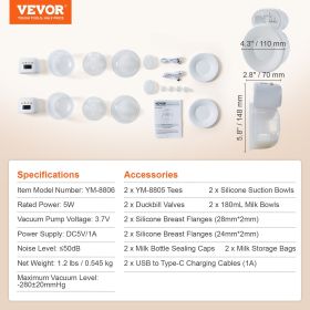 VEVOR BreastPump, Wearable Electric Breast Pumps Hands Free, 4 Mode  12 Levels, 300mmHg Strong Suction, Ultra-Quiet Rechargeable Portable Breastfeedin
