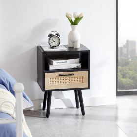 Rattan End Table 15.75 W Drawer   Solid Wood Legs - Modern Nightstand
