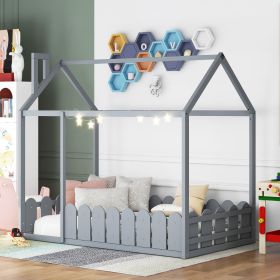 Twin Size Wood House Bed Frame With Fence For Kids, Teens - No Slats