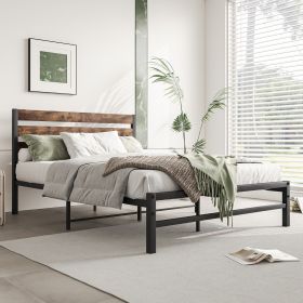 Rustic Vintage Wood Headboard Full Size Platform Bed With Metal Slats Support