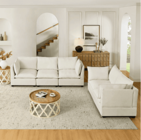 2-Piece Chenille Fabric Upholstered Living Room Furniture Set, Including 3-Seater Sofa And Loveseat Sofa With Seat And Back Cushion Beige White