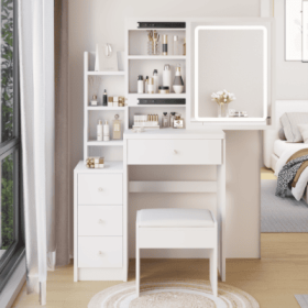 29.2 Small Size Left Bedside Cabinet Vanity Table   Cushioned Stool, Large Sliding, Touch Control, Tri Color Switching, Brightness Adjust LED Mirror,