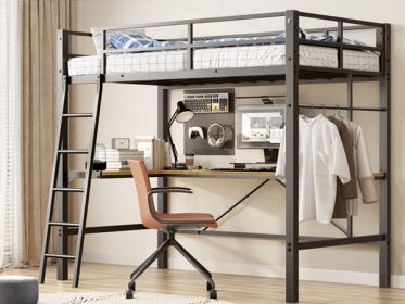 Twin Metal Loft Bed With L-Shaped Desk, Charging Station Loft Bed Frame Twin Size, Safety Guard & Ladder, No Box Spring Needed, Black