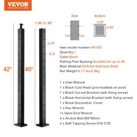 VEVOR Cable Railing Post Level Deck Stair Post 42 X 1.97 X 1.97 Cable Handrail Post Stainless Steel Brushed Finishing Deck Railing Pre-Drilled Pickets