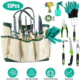 13Pcs Garden Tool Set Aluminum Alloy Gardening Hand Tools Starter Kit With Garden Bag Heavy Duty Outdoor Hand Tools With Non-Slip Ergonomic Handle For