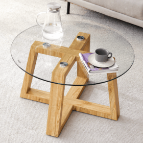 Modern Practical Circular Coffee Tables. Made Of Transparent Tempered Glass Tabletop And Wood Colored MDF Material. Suitable For Living Rooms And Bedr