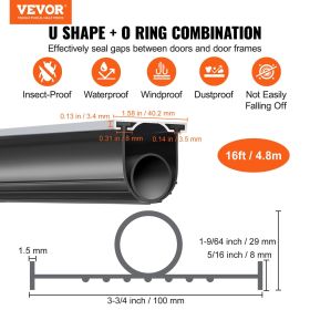 VEVOR Garage Door Seals Bottom Rubber, U Shape O Ring Combination Garage Door Weather Stripping With Pre-drilled Aluminum Track Retainer Kit, 5 16 Inc