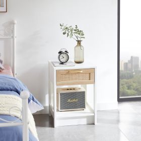 15.75 Rattan End Table With Drawer, Modern Nightstand For Bedroom, White