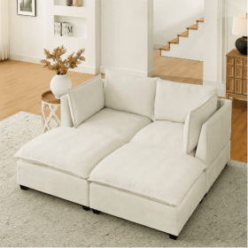 Comfy Cloud Couch Loveseat With 2 Ottoman, Modern Chenille Love Seat Upholstered Modular Couch Sleeper For Living Room, Apartment, Studio, Office Beig