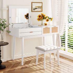 43.3 Wood Makeup Vanity Set With Flip-Top Mirror, Stool   3 Drawers