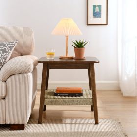 Mid-Century Side Table With Woven Shelf, Boho Bedside Storage Table