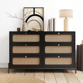Modern Cannage Rattan Wood Closet 6-Drawer Dresser Wood Storage Cabinet Sideboard For Bedroom, Livin