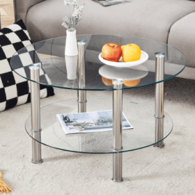 Contemporary Minimalist Double Layer Tempered Glass Coffee Table  27.5 Top And 23.6 Bottom.Reinforced Glass Tabletop,Stainless Steel Silver Plated Leg
