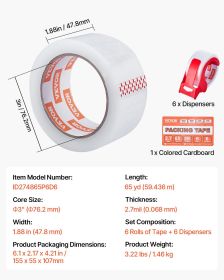 Clear Packing Tape 6 Rolls 65 Yards Clear Shipping Tape With Dispenser 2.7 Mil