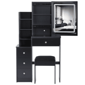 29.2 Small Size Left Bedside Cabinet Vanity Table   Cushioned Stool, Large Sliding  Touch Control  Tri-color Switching, Brightness Adjust LED Mirror,
