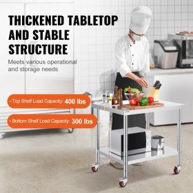 VEVOR 30x36x34 Inch Stainless Steel Work Table 3-Stage Adjustable Shelf With 4 Wheels Heavy Duty Commercial Food Prep Worktable With Brake For Kitchen