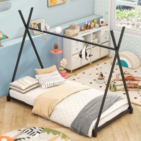Metal Twin Size House Platform Bed With Triangle Structure, Black