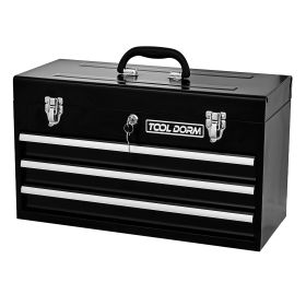 20.3inch Metal Tool Box With 2-4 Drawers Portable Steel Tool Chest With Metal Cylinder Lock And Latch Closure, Black And Red Two Color Powder Coating, (Option: Three Drawer-Black)