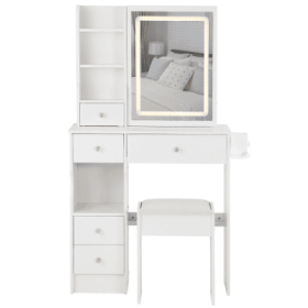 29.2 Small Size Left Drawer Desktop Vanity Table  Cushioned Stool, 2 AC2 USB Power Station, Hair Dryer Bracket, Extra Large Touch Control Sliding LED (Color: White)