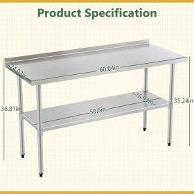 Stainless Steel Prep Table With Adjustable Undershelf And Galvanized Legs, Heavy-Duty Commercial Work Table For Kitchen, Home, Restaurant, And Hotel U (Option: 24X60in)