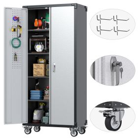 72 Inch Garage Storage Cabinet With Pegboard And Wheels, 4 Hooks And 4 Adjustable Shelves, Lockable Rolling Cabinet, Home, Office, Garage (Option: Black Gray)