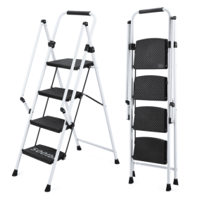 White Four-step Ladder, Light Folding Four-step Stool, Wide Anti-skid Pedal And Safety Handle, Strong Steel Ladder, Multi-purpose Ladder, Applicable T (Color: White)