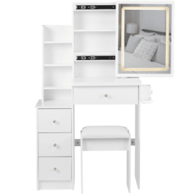 29.2 Small Size Left Bedside Cabinet Vanity Table   Cushioned Stool, 2 AC  2 USB Power Station, Hair Dryer Bracket  Extra Large Touch Control Sliding (Color: White)