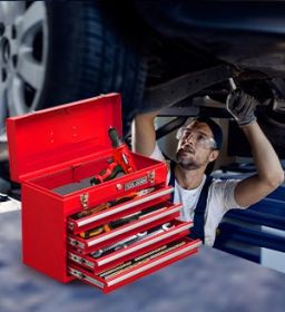 20.3inch Metal Tool Box With 2-4 Drawers Portable Steel Tool Chest With Metal Cylinder Lock And Latch Closure, Black And Red Two Color Powder Coating, (Option: Four Drawer-Red)