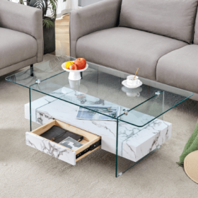 43.3 Inch Modern Two-Tier Coffee Table - Clear Tempered Glass And Black Marble Texture, Multifunctional Storage Design.The Bottom Tier Includes A Draw (Color: White)