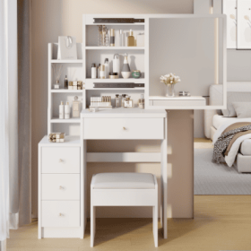 29.2 Small Space Left Bedside Cabinet Vanity Table  Cushioned Stool, Extra Large Right Sliding Mirror, Multi Layer High Capacity Storage, Practical Fa (Color: White)