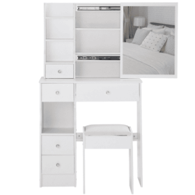 29.2 Small Space Left Drawer Desktop Vanity Table  Cushioned Stool, Extra Large Right Sliding Mirror, Multi Layer High Capacity Storage, Practical Fas (Color: White)