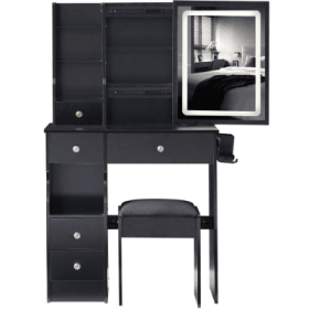 29.2 Small Size Left Drawer Desktop Vanity Table  Cushioned Stool, 2 AC2 USB Power Station, Hair Dryer Bracket, Extra Large Touch Control Sliding LED (Color: Black)