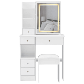 29.2 Small Size Left Drawer Desktop Vanity Table  Cushioned Stool, Large Sliding, Touch Control, Tri-color Switching, Brightness Adjust LED Mirror, Hi (Color: White)