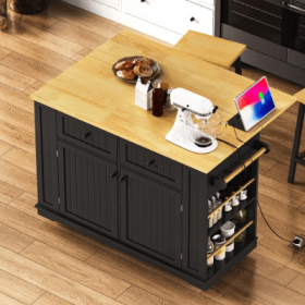 Large Kitchen Island With 2 Bar Stools, Power Outlet, Door Internal Storage Rack, Kitchen Storage Cart On 5 Wheels With Drop Leaf, 5 Open Side Racks, (Option: Black-Single Kitchen Island)