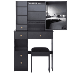 29.2 Small Space Left Drawer Desktop Vanity Table  Cushioned Stool, Extra Large Right Sliding Mirror, Multi Layer High Capacity Storage, Practical Fas (Color: Black)