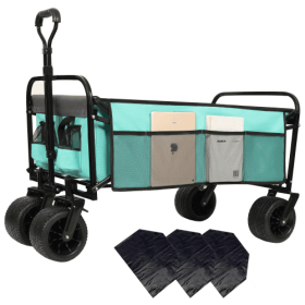 440lbs Collapsible Foldable Wagon Cart With Strapping System ,Beach Wagon Utility Cart Utility Wagon Grocery Cart For Camping Shopping Sports Gardenin (Color: Blue)