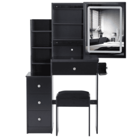 29.2 Small Size Left Bedside Cabinet Vanity Table   Cushioned Stool, 2 AC  2 USB Power Station, Hair Dryer Bracket  Extra Large Touch Control Sliding (Color: Black)